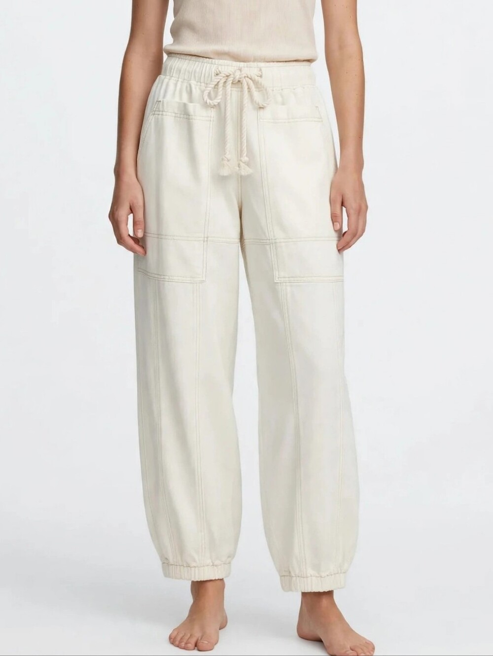 Women's Off-White Cargo Jogger Pants Size S Cotton Elastic Waist Wide Leg New